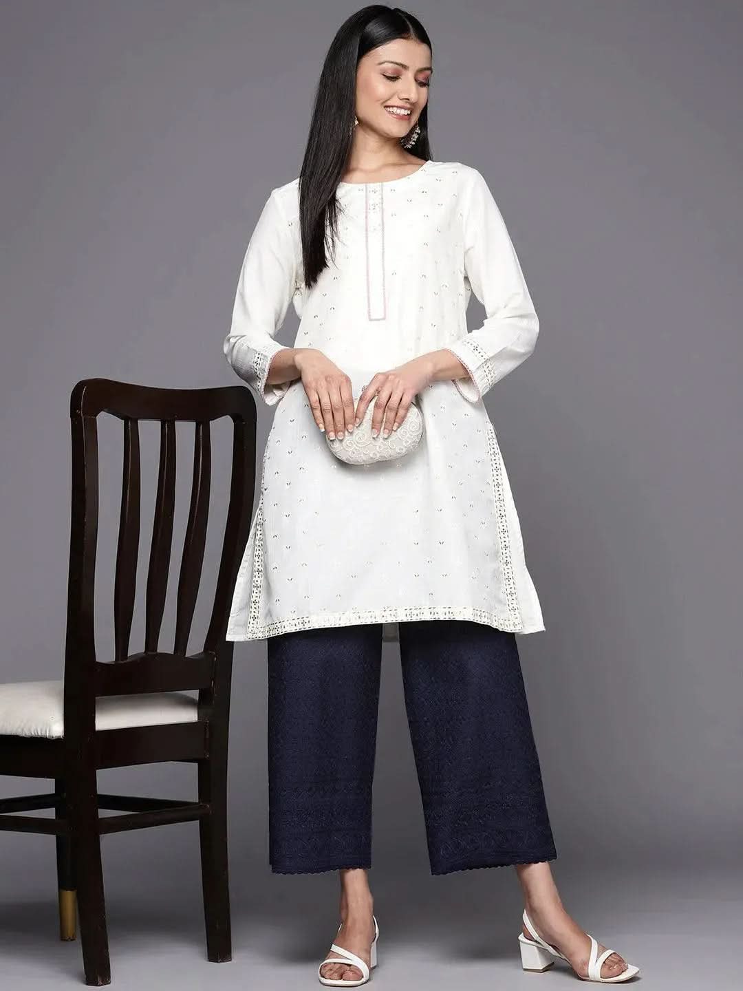 Libas Navy Blue Embroidered Cotton Palazzos