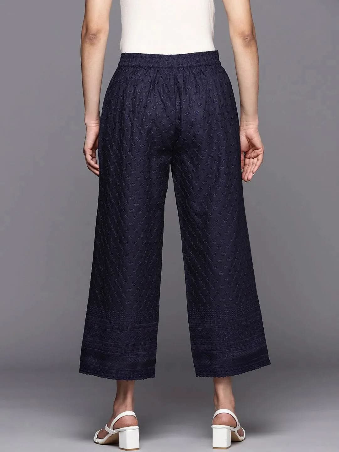 Libas Navy Blue Embroidered Cotton Palazzos