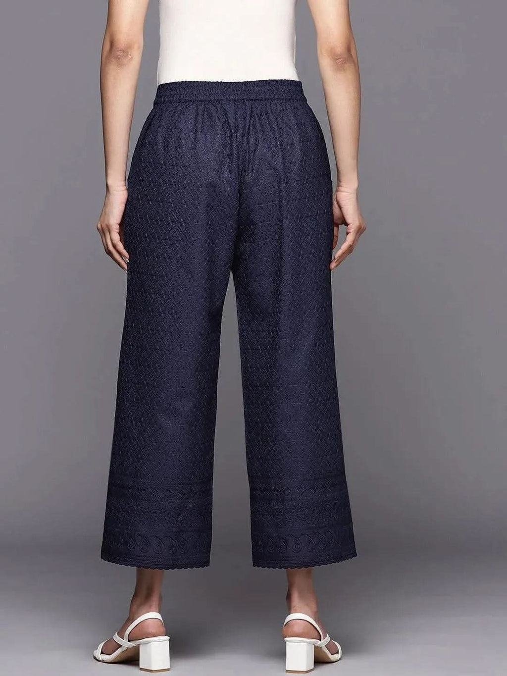 Libas Navy Blue Embroidered Cotton Palazzos