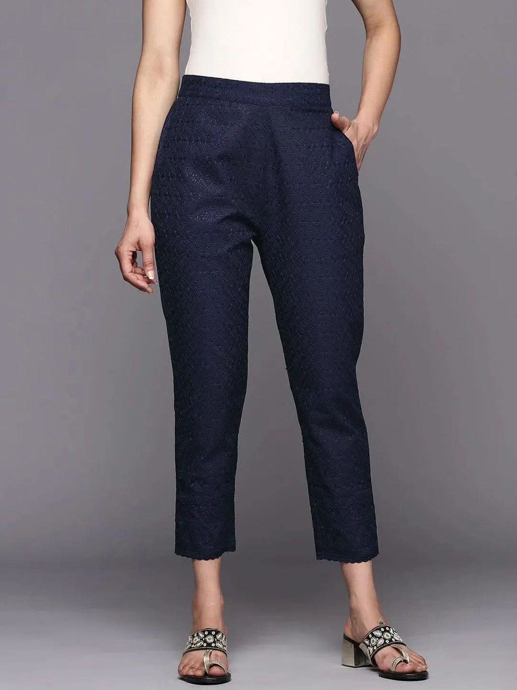 Libas Navy Blue Embroidered Cotton Trousers