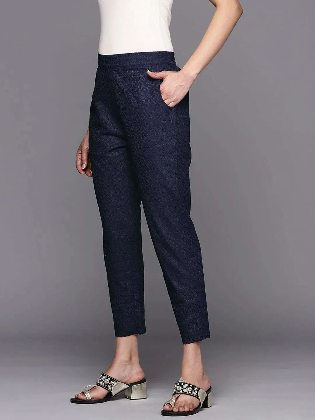 Libas Navy Blue Embroidered Cotton Trousers