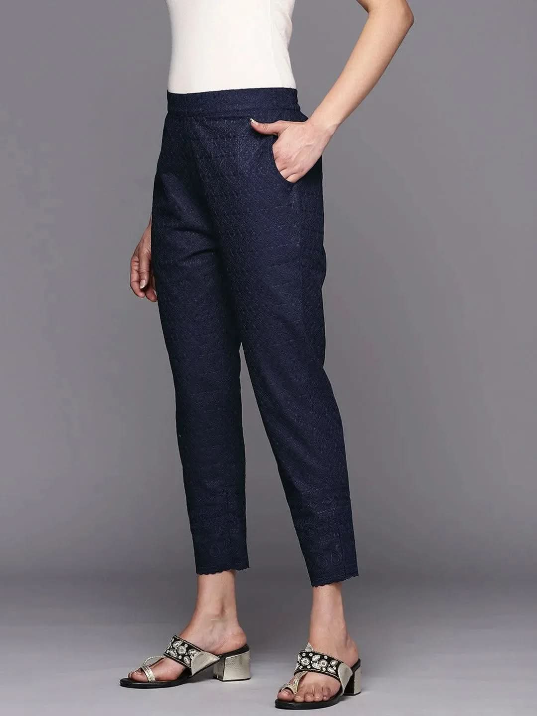 Libas Navy Blue Embroidered Cotton Trousers