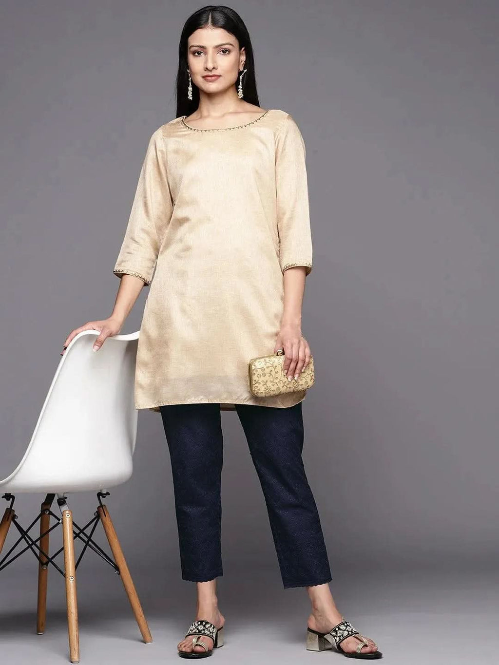Libas Navy Blue Embroidered Cotton Trousers