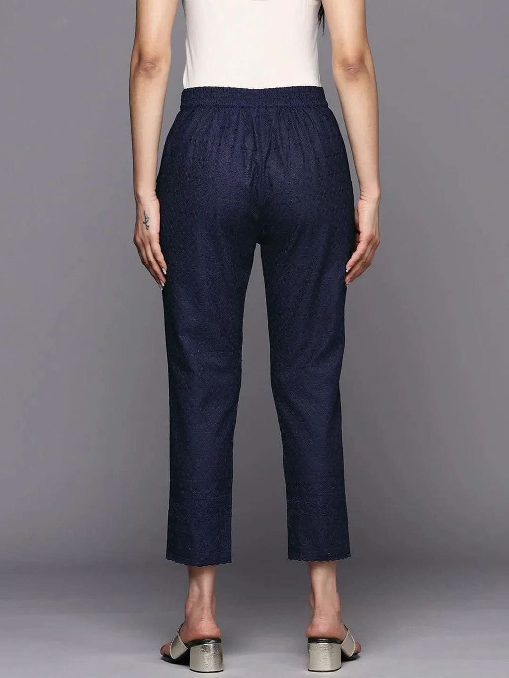 Libas Navy Blue Embroidered Cotton Trousers