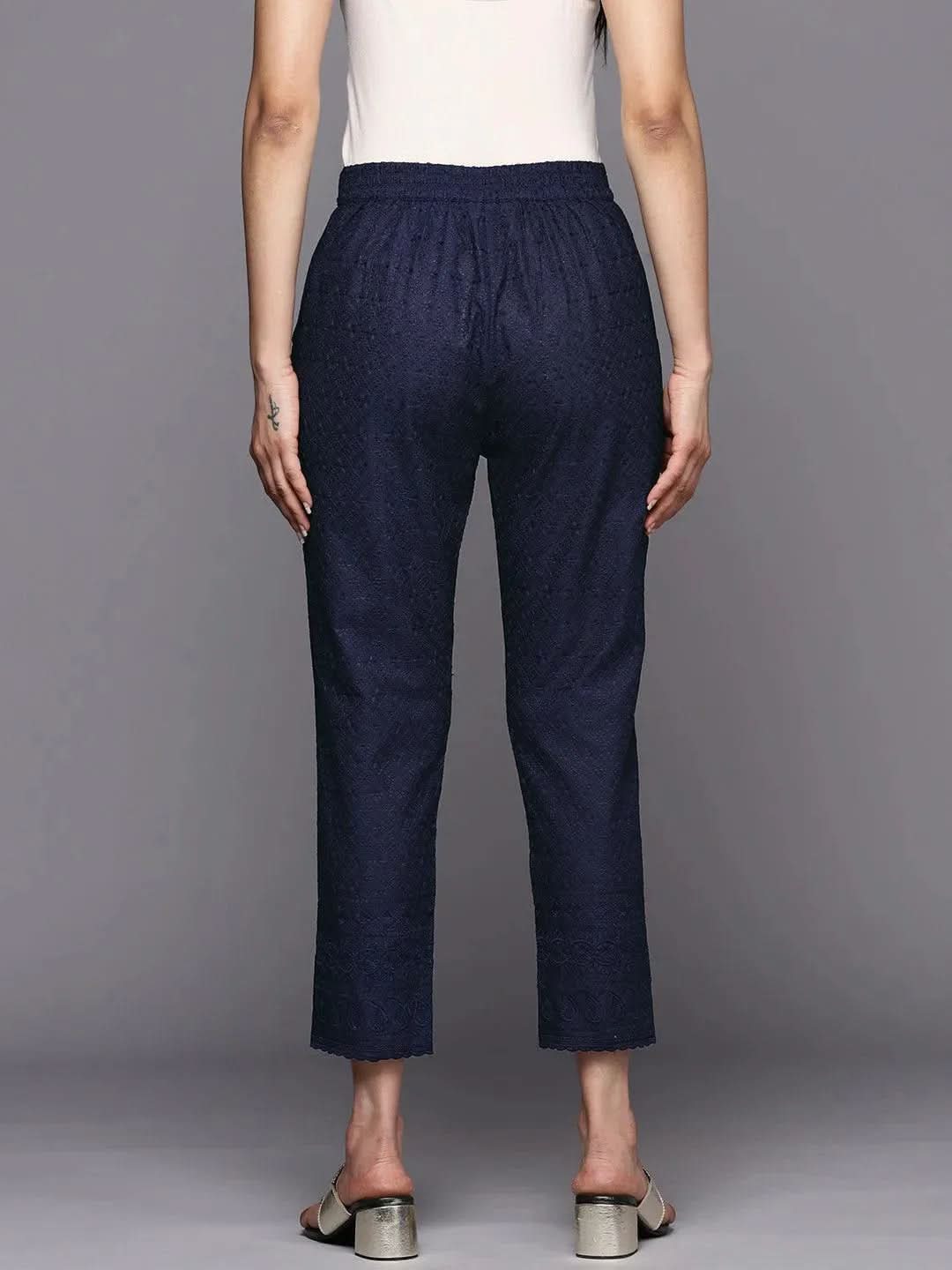 Libas Navy Blue Embroidered Cotton Trousers