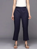Libas Navy Blue Solid Cotton Trousers