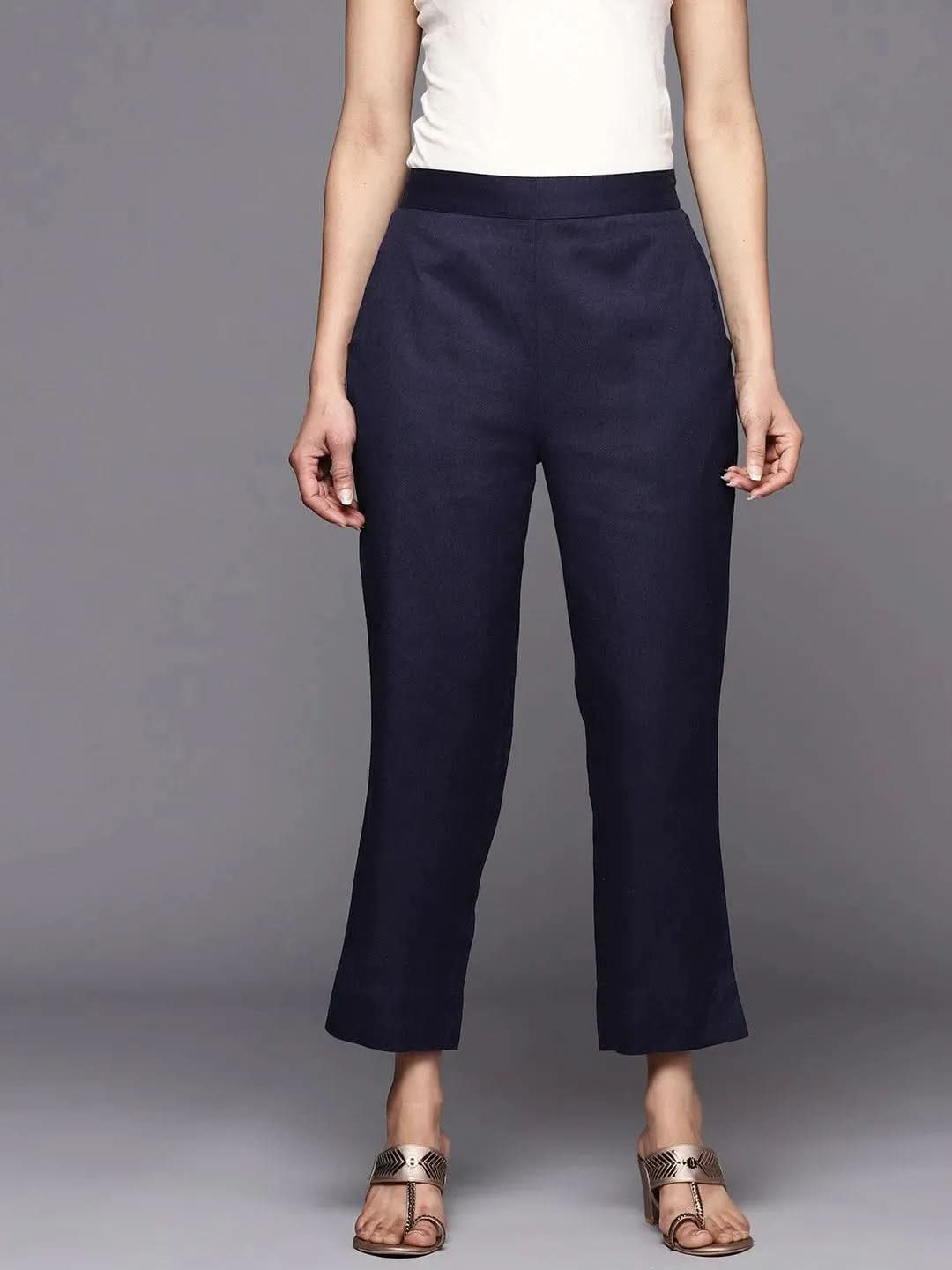 Libas Navy Blue Solid Cotton Trousers