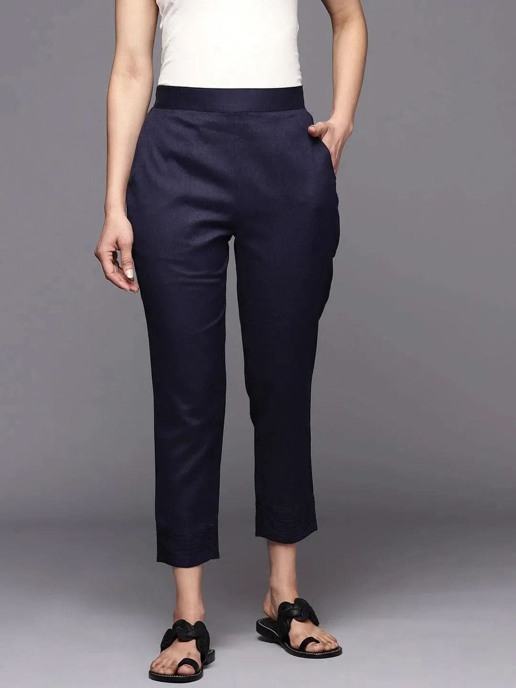 Libas Navy Blue Solid Cotton Trousers