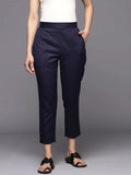 Libas Navy Blue Solid Cotton Trousers
