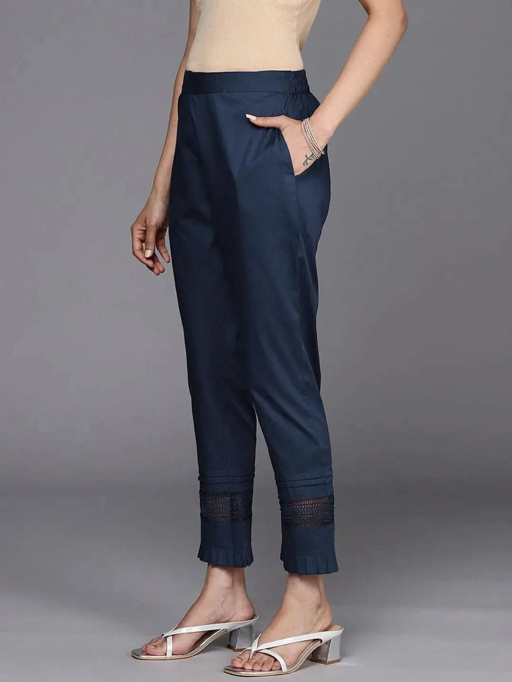 Libas Navy Blue Solid Cotton Trousers