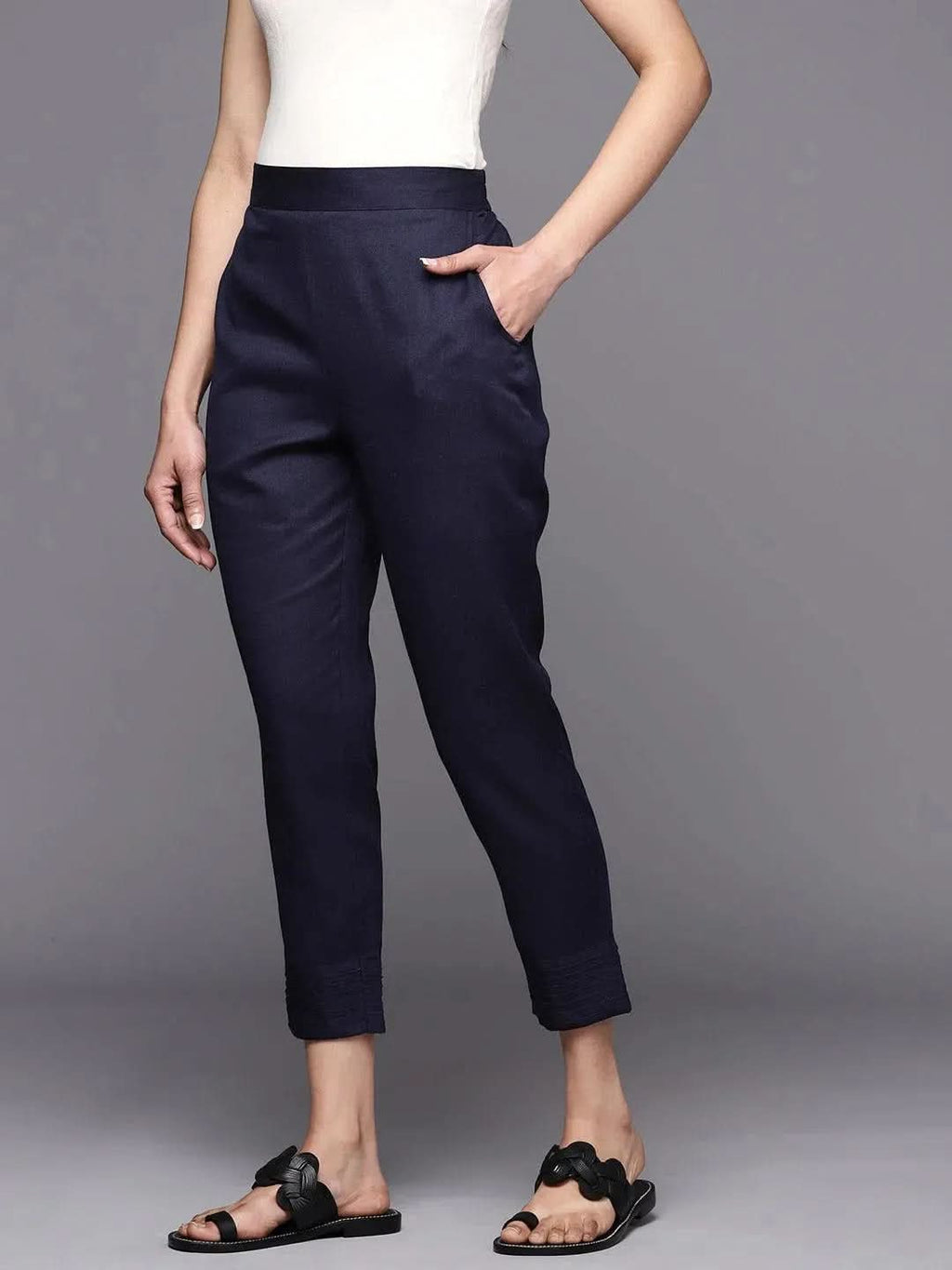 Libas Navy Blue Solid Cotton Trousers