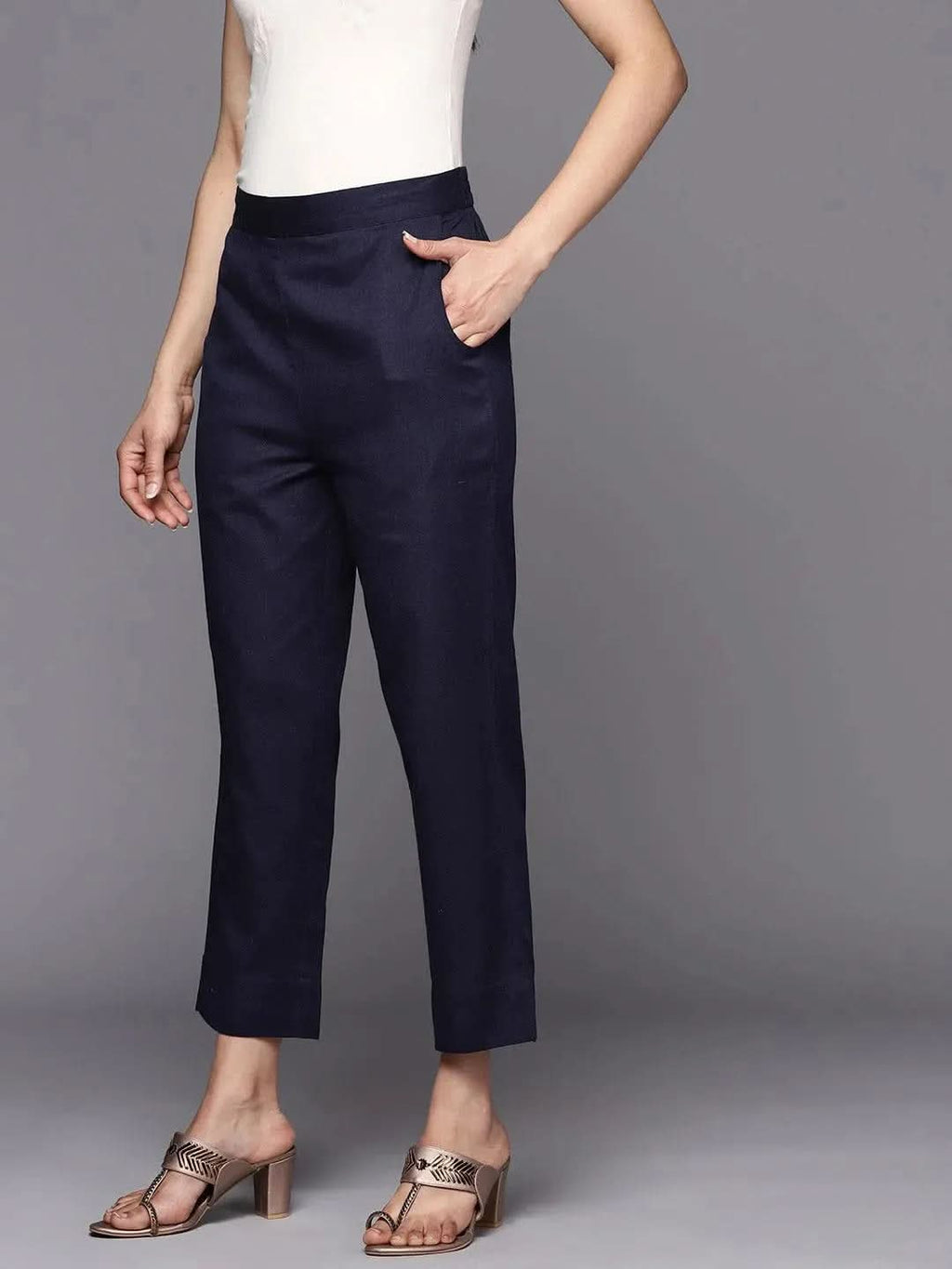 Libas Navy Blue Solid Cotton Trousers