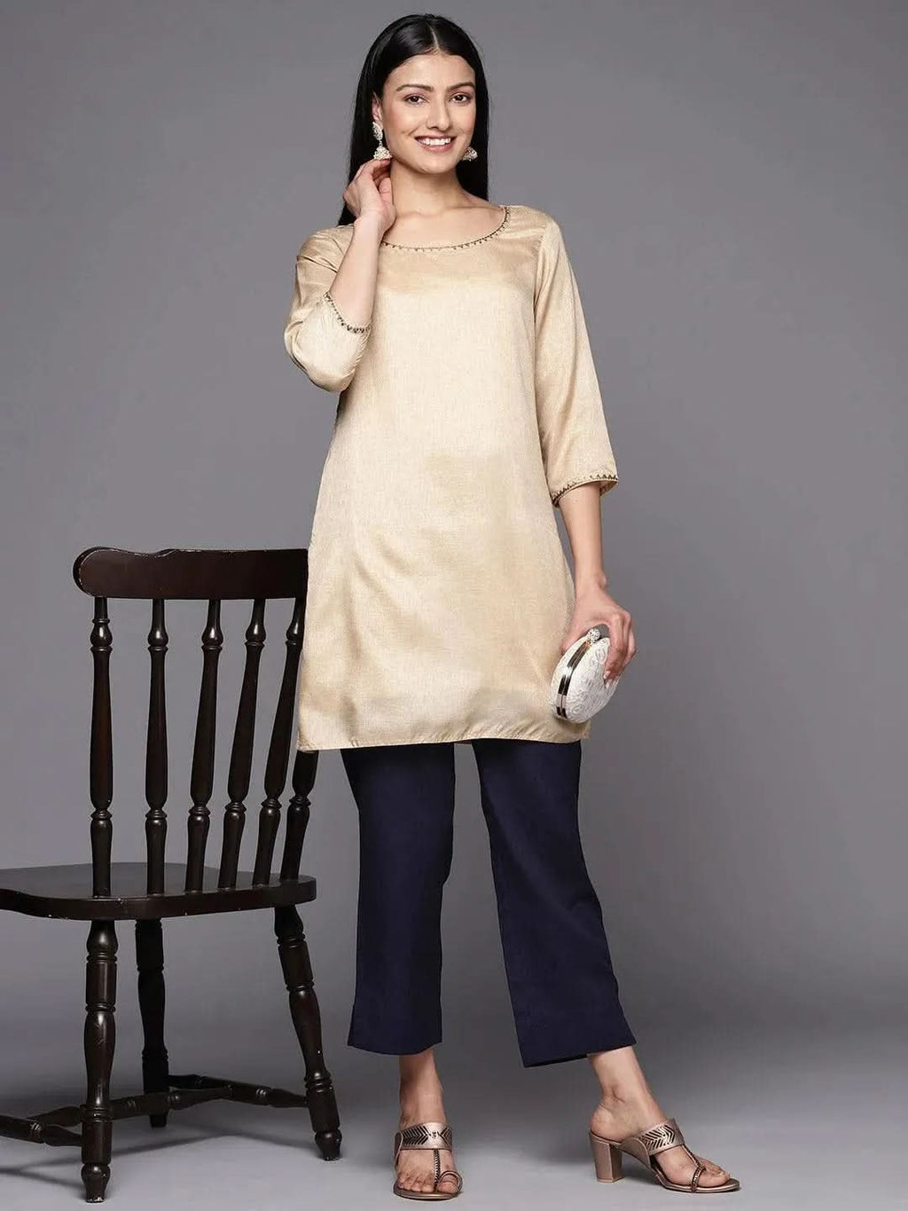 Libas Navy Blue Solid Cotton Trousers