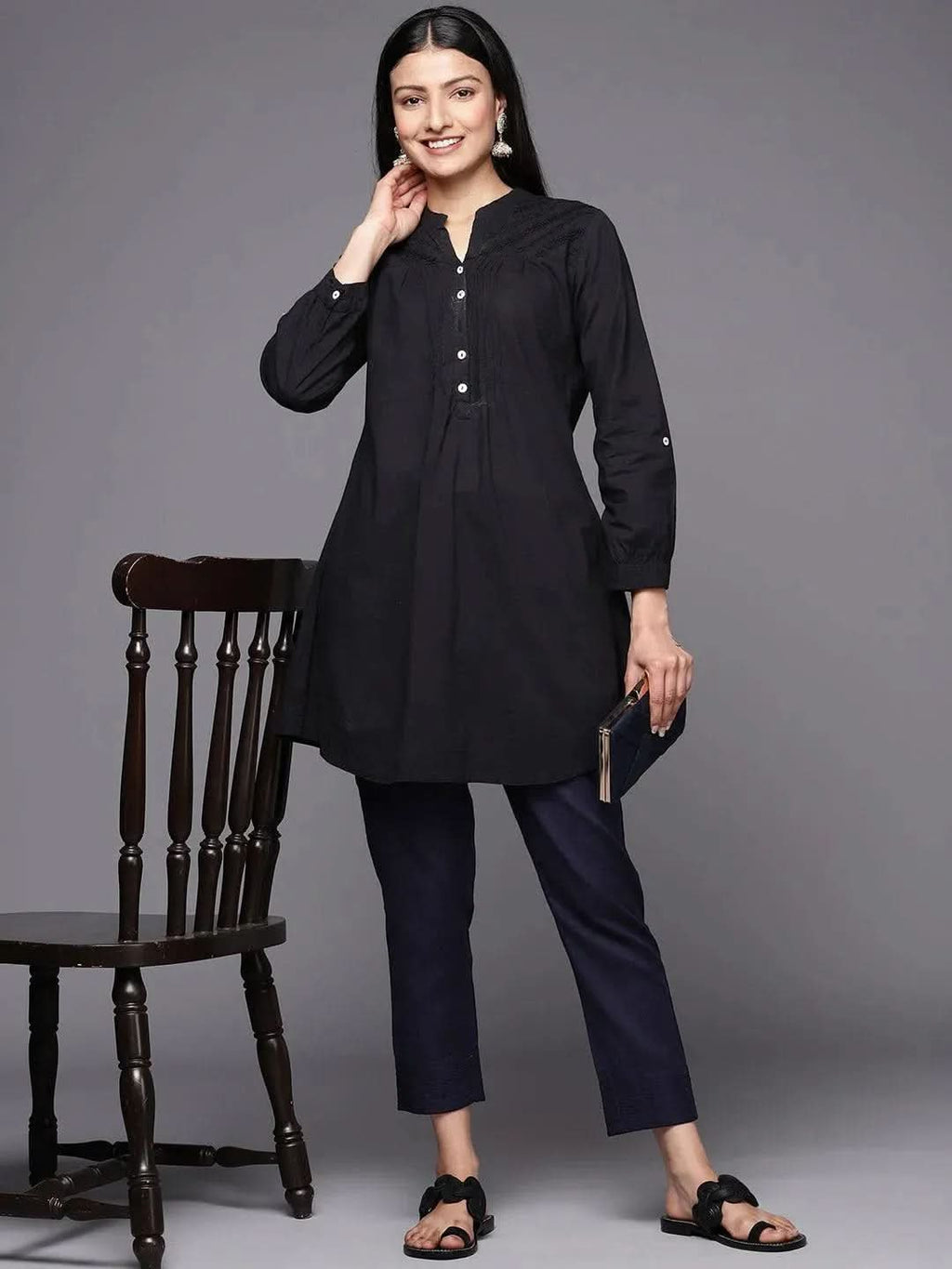 Libas Navy Blue Solid Cotton Trousers