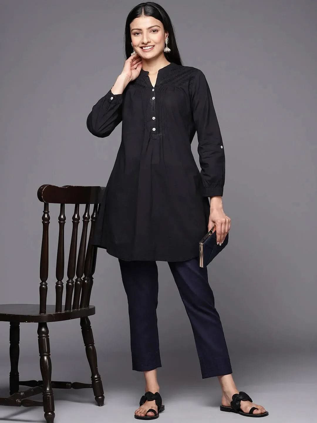 Libas Navy Blue Solid Cotton Trousers