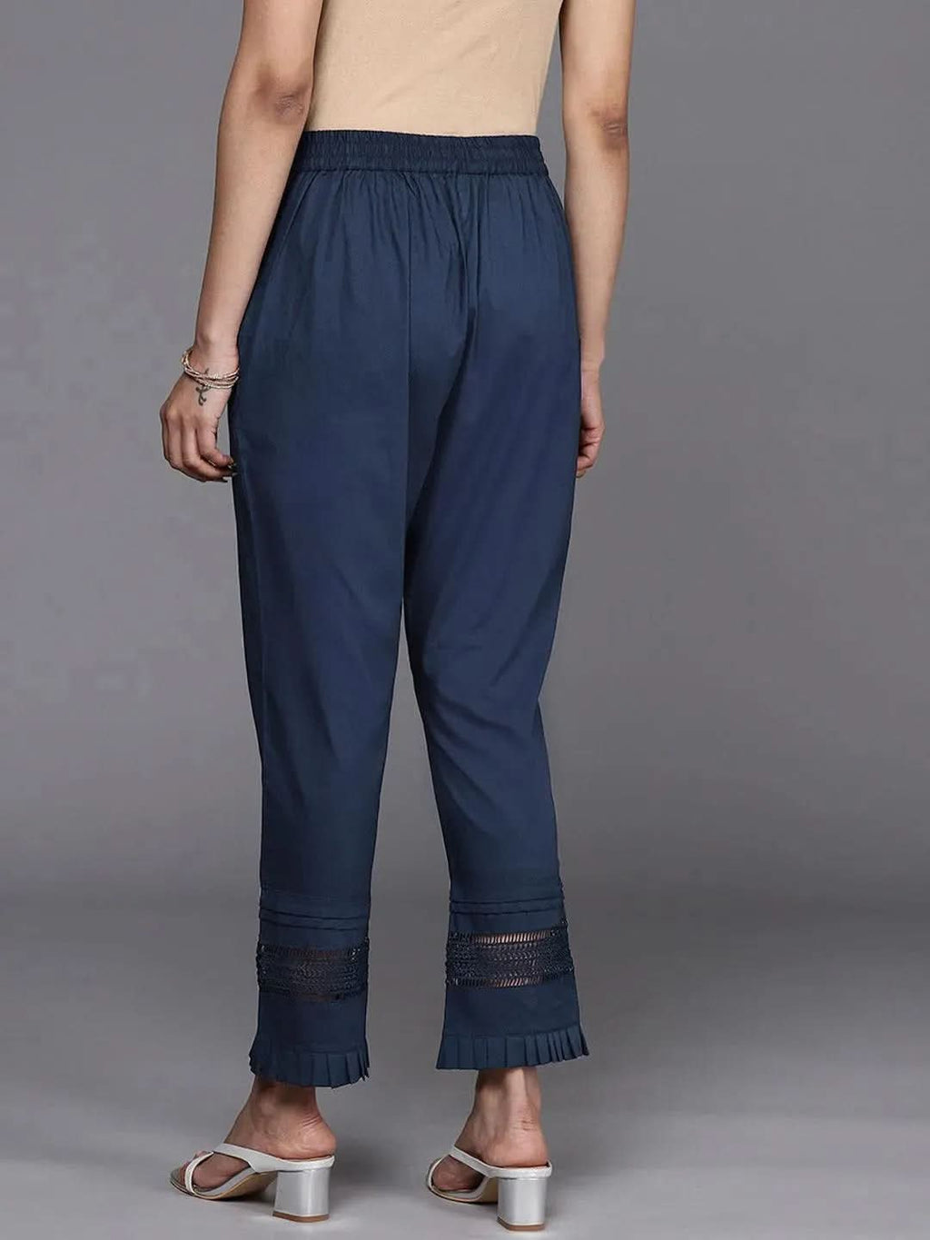 Libas Navy Blue Solid Cotton Trousers