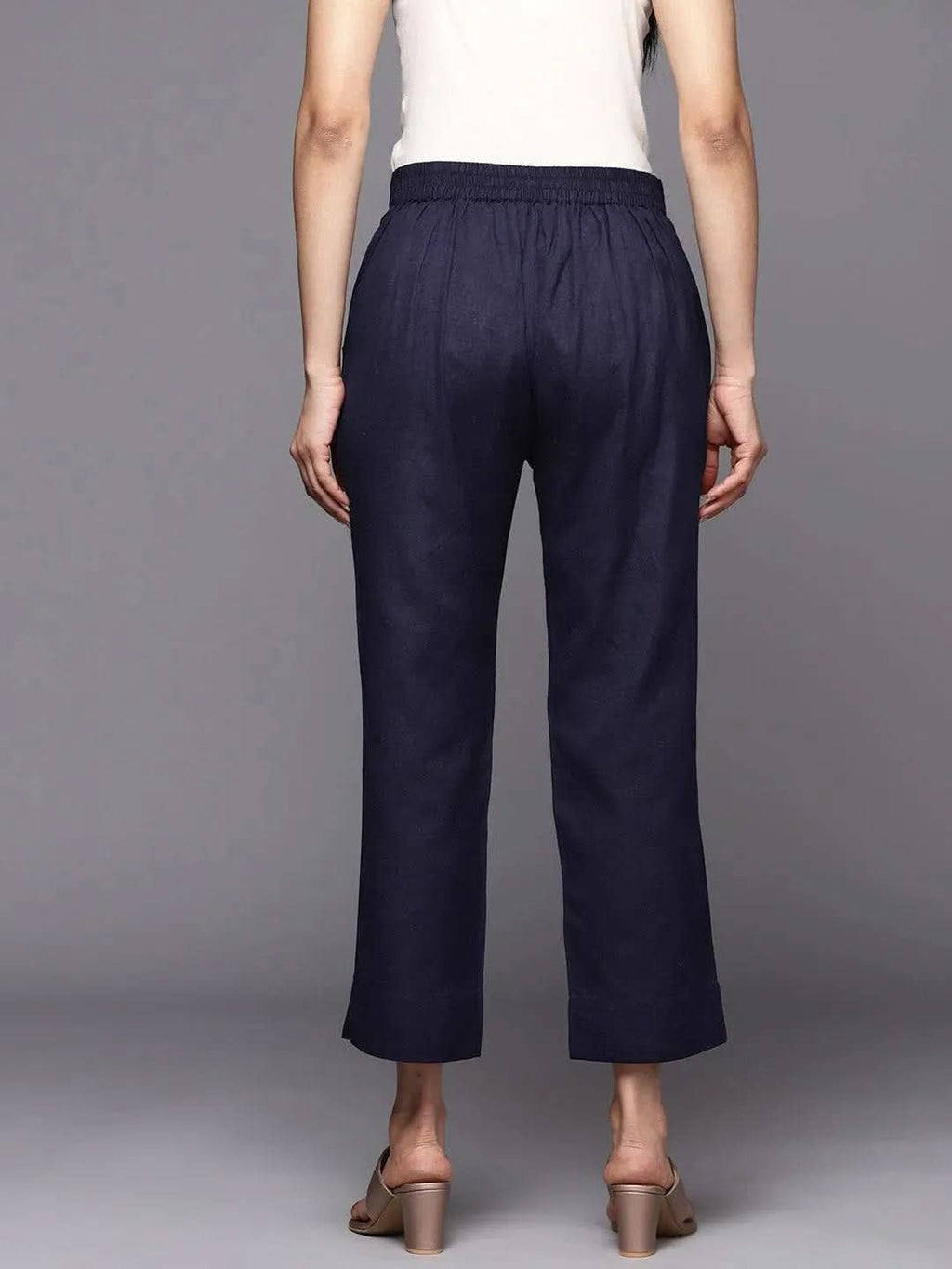 Libas Navy Blue Solid Cotton Trousers