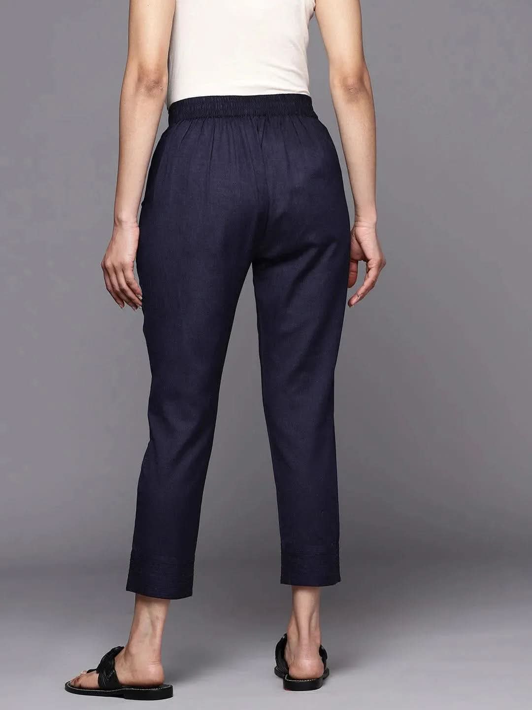 Libas Navy Blue Solid Cotton Trousers