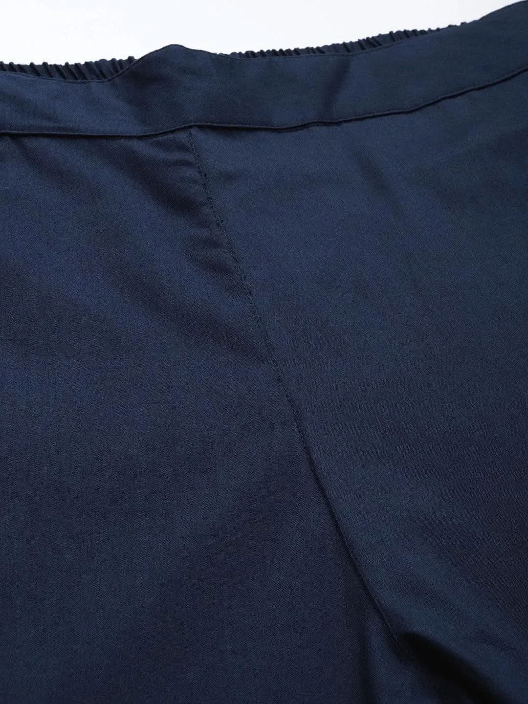 Libas Navy Blue Solid Cotton Trousers