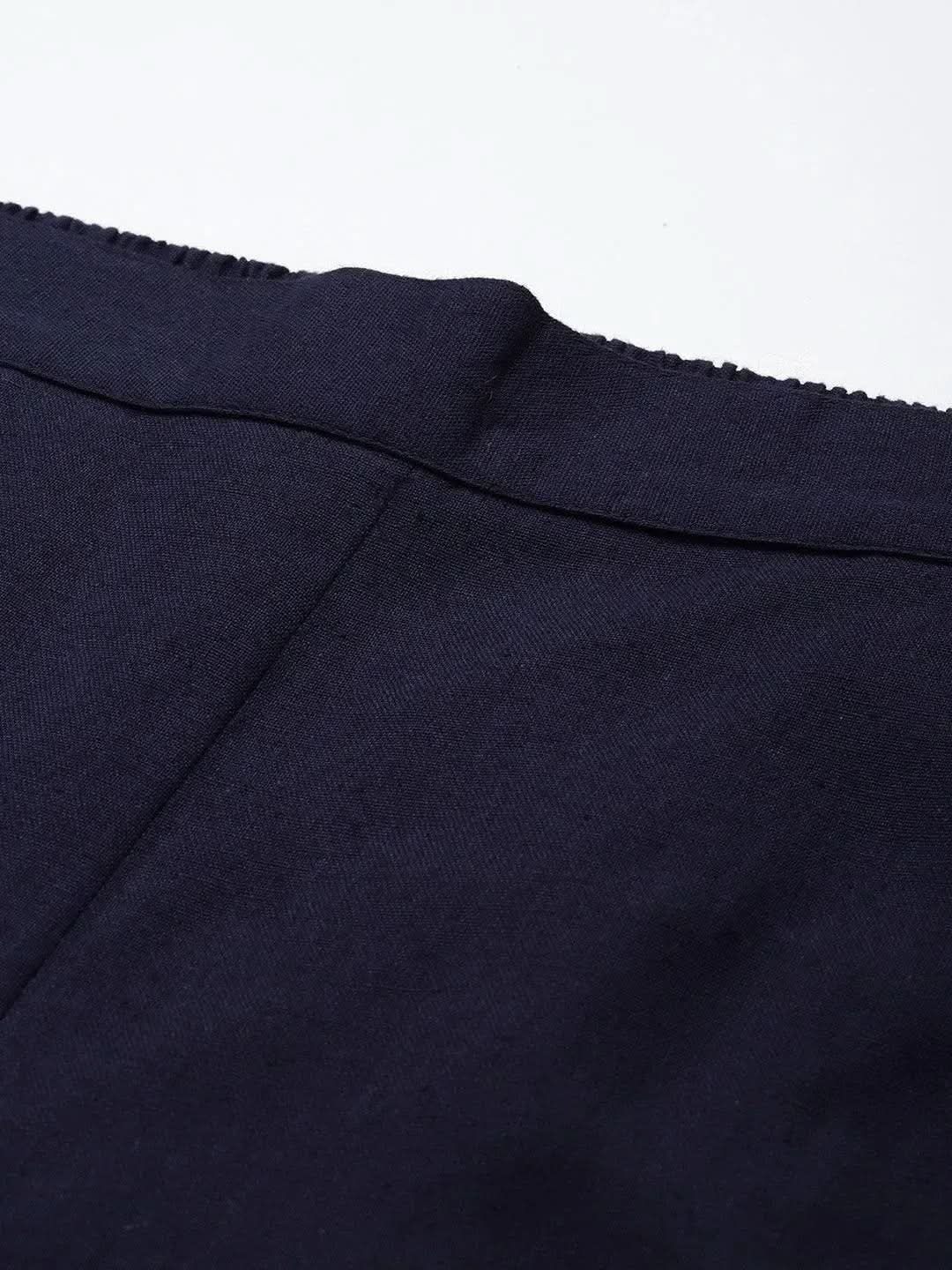 Libas Navy Blue Solid Cotton Trousers