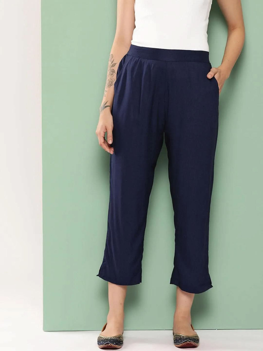 Libas Navy Blue Solid Rayon Trousers