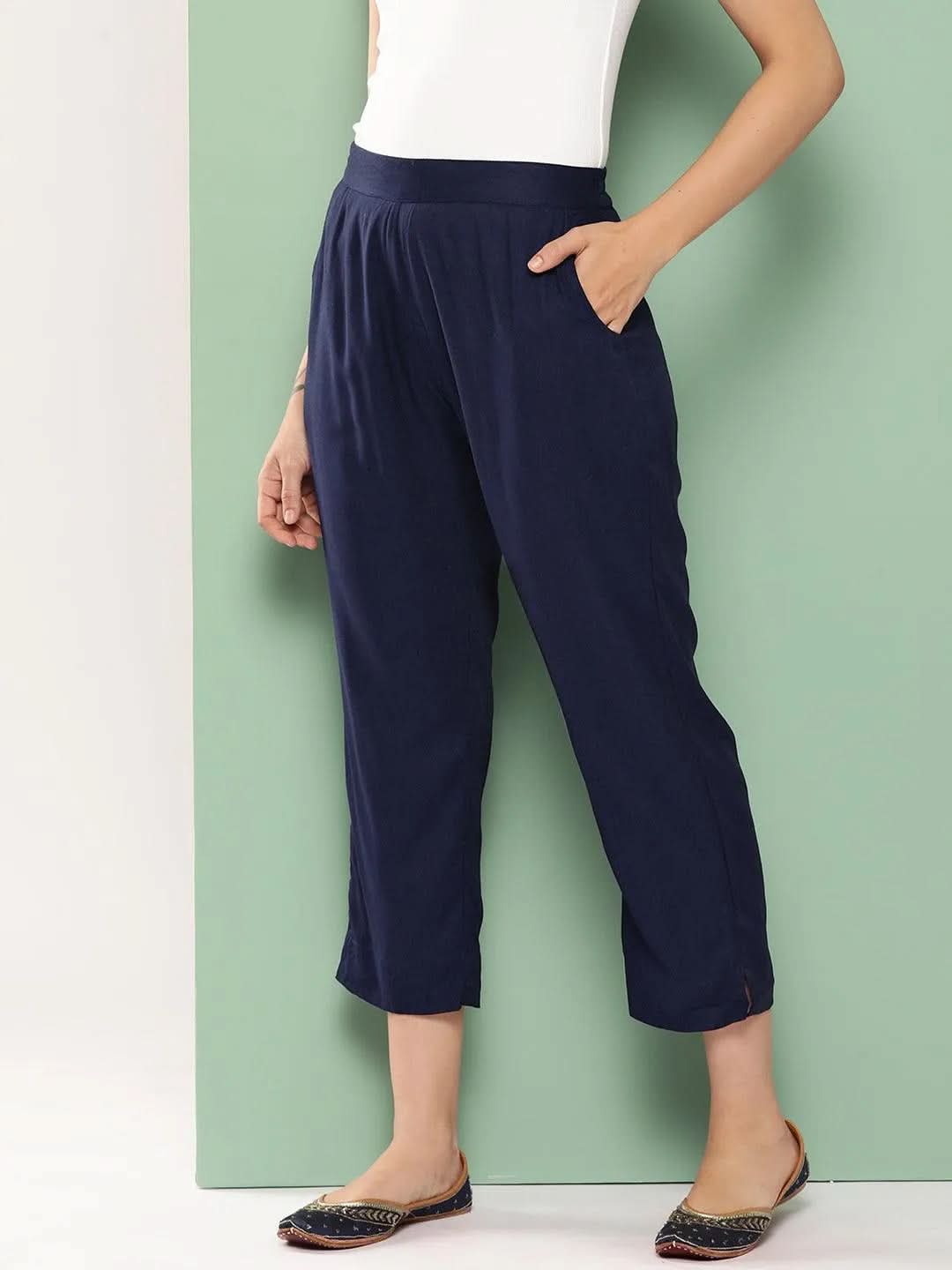 Libas Navy Blue Solid Rayon Trousers