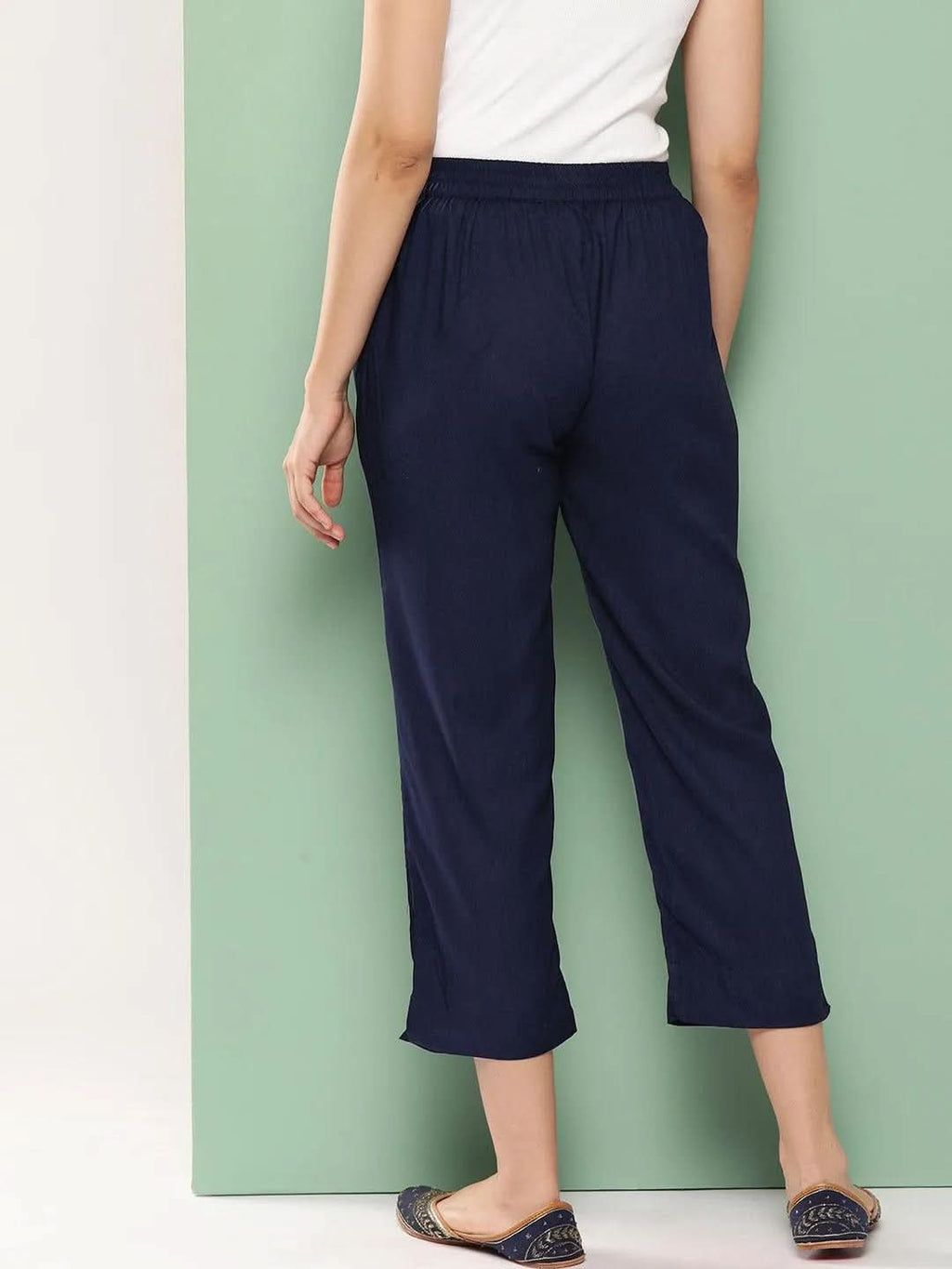 Libas Navy Blue Solid Rayon Trousers