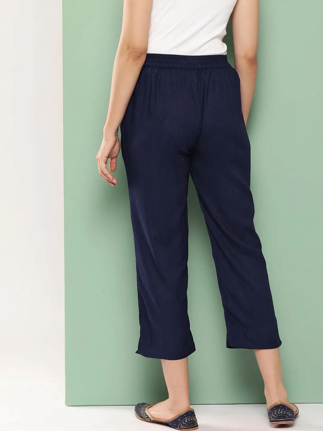 Libas Navy Blue Solid Rayon Trousers