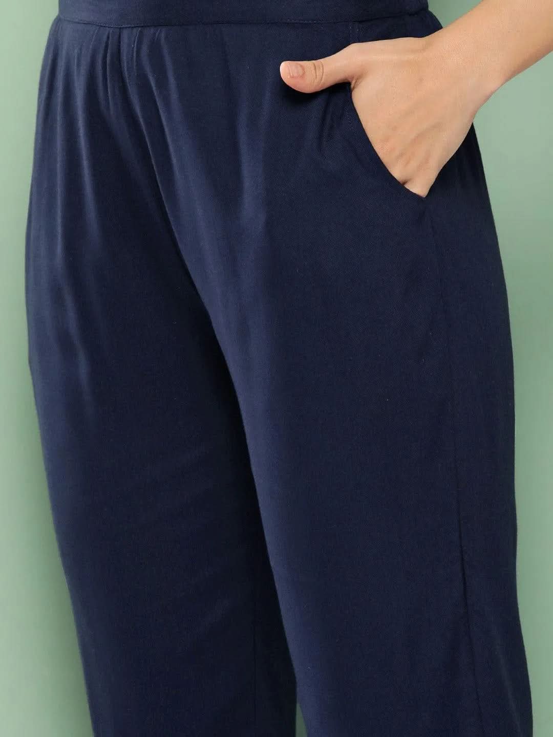 Libas Navy Blue Solid Rayon Trousers