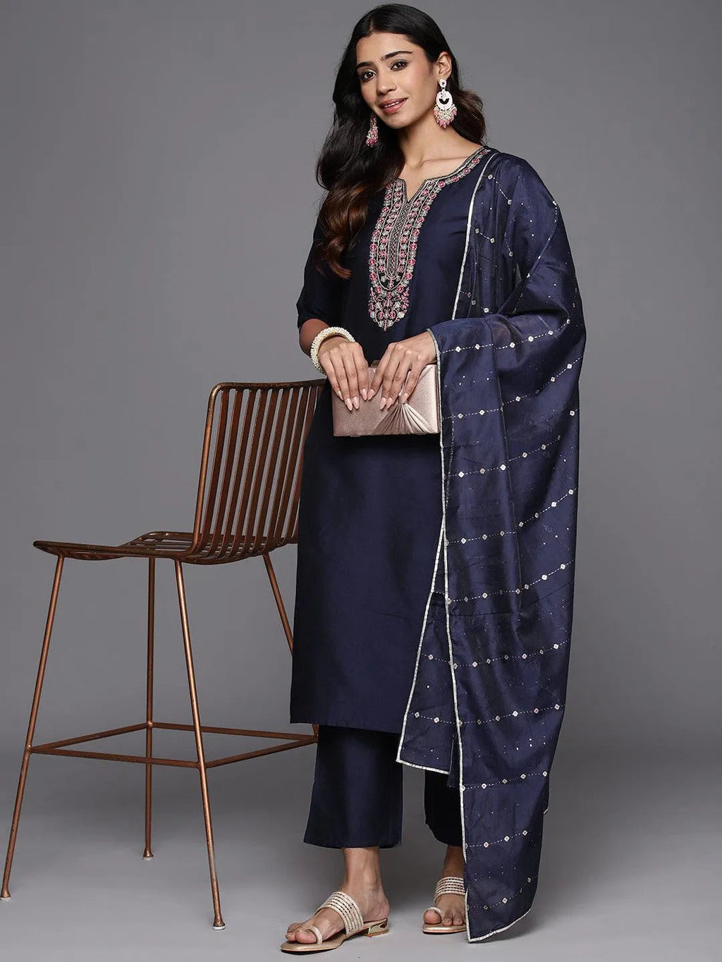 Gerua Blue Yoke Design Silk Blend Straight Suit With Dupatta