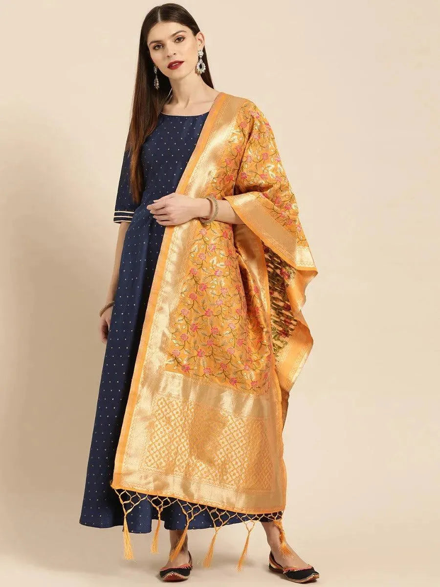 Libas Navy Blue Zari Work Chanderi Dress With Dupatta