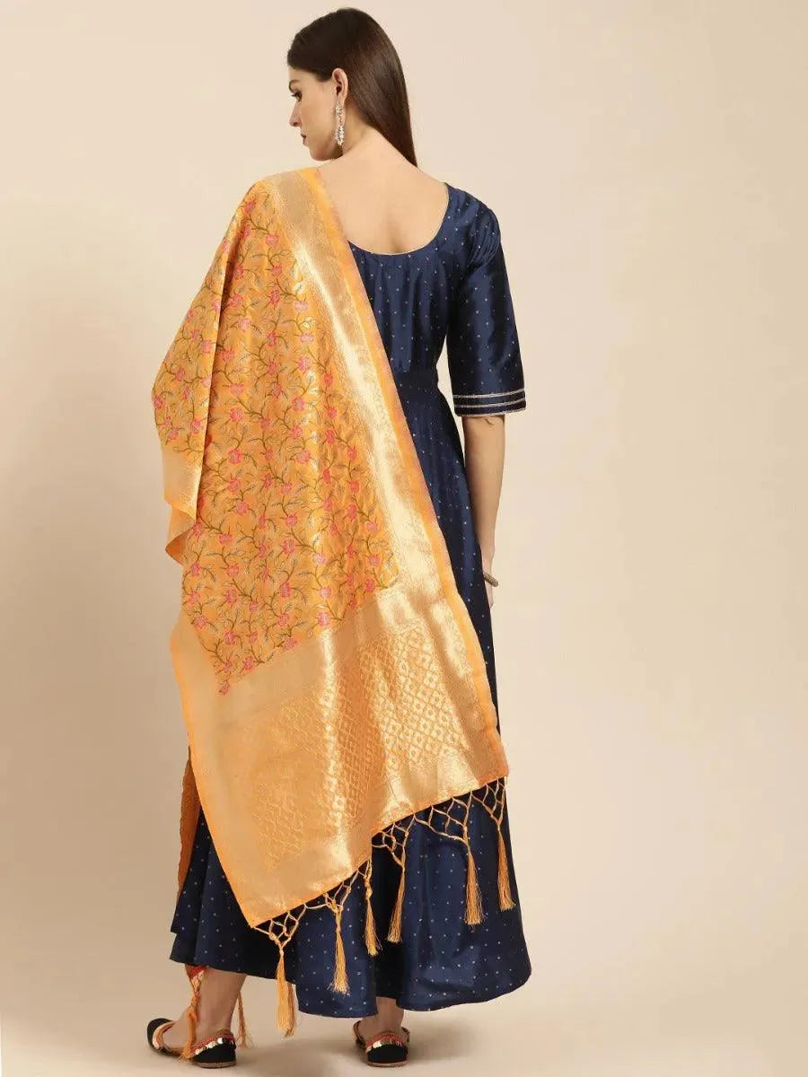 Libas Navy Blue Zari Work Chanderi Dress With Dupatta