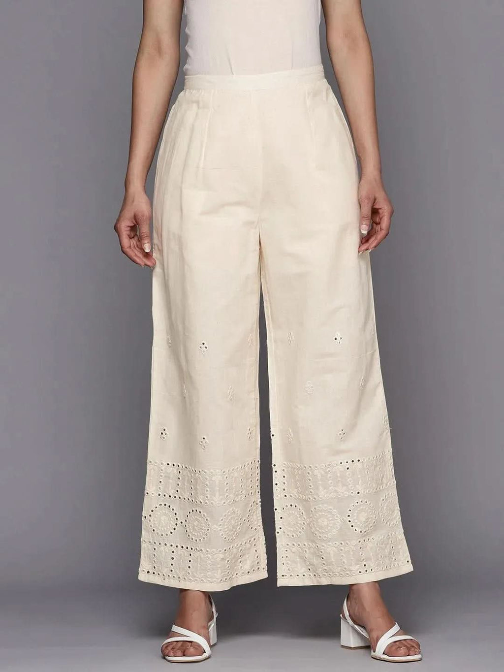 Libas Off White Embroidered Cotton Palazzos