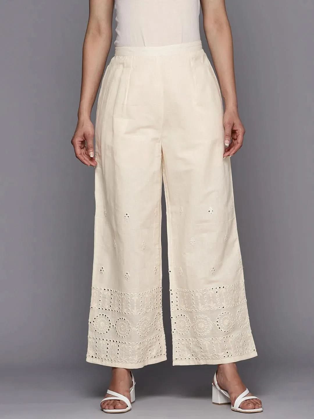 Libas Off White Embroidered Cotton Palazzos
