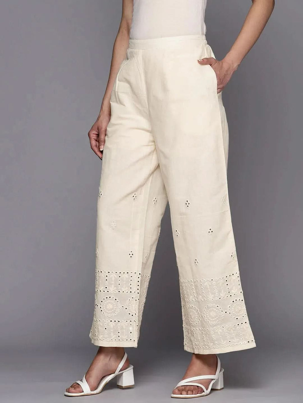 Libas Off White Embroidered Cotton Palazzos