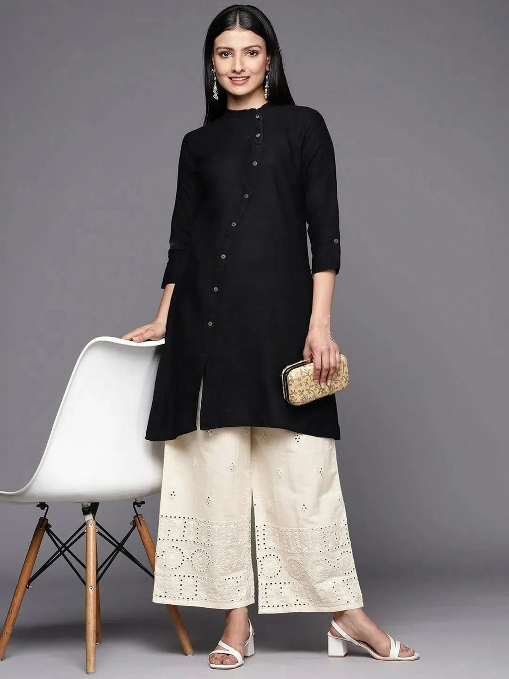 Libas Off White Embroidered Cotton Palazzos