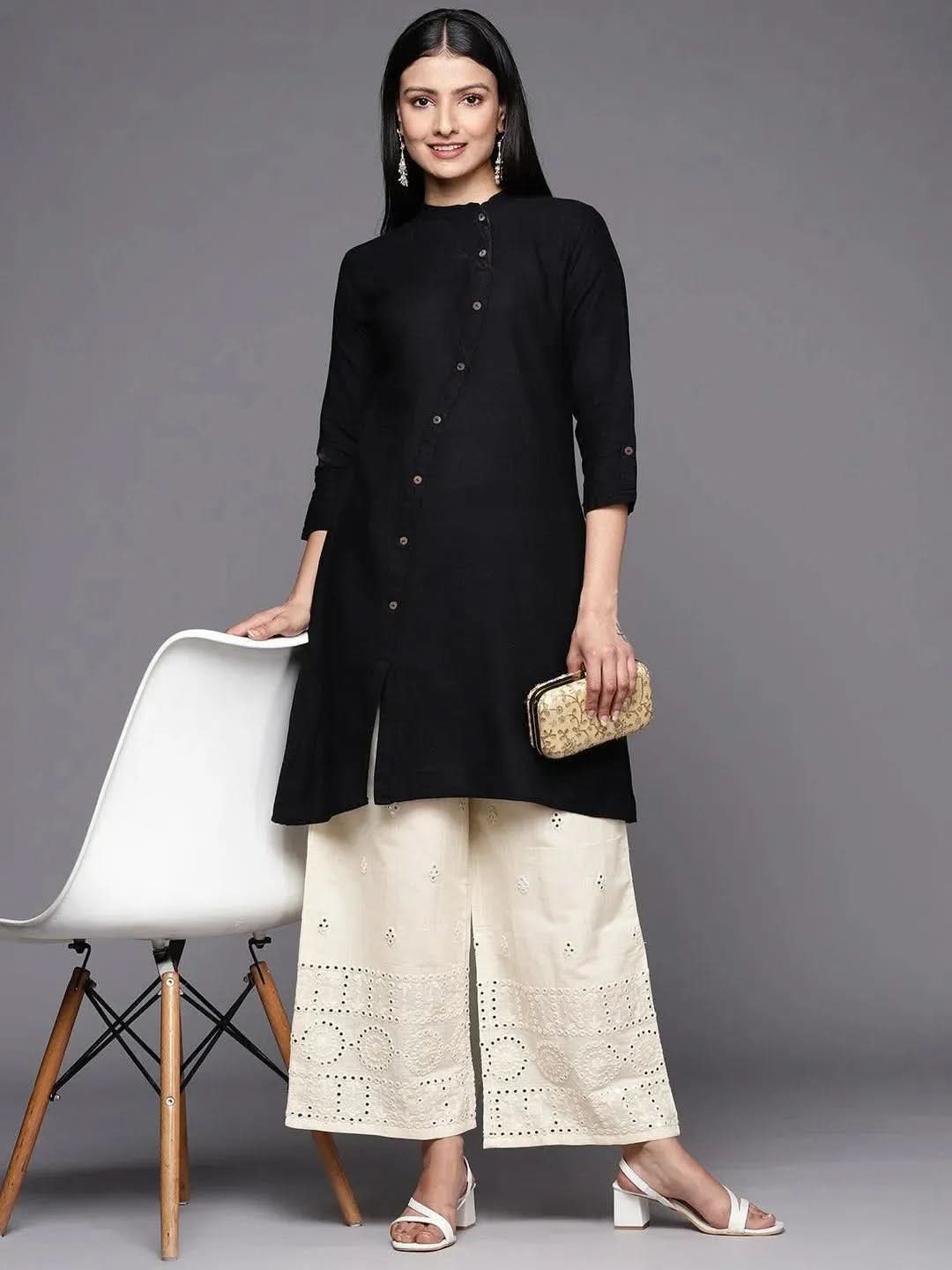 Libas Off White Embroidered Cotton Palazzos