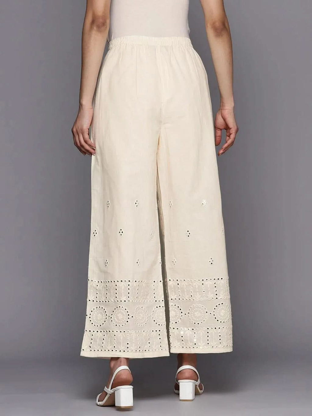 Libas Off White Embroidered Cotton Palazzos