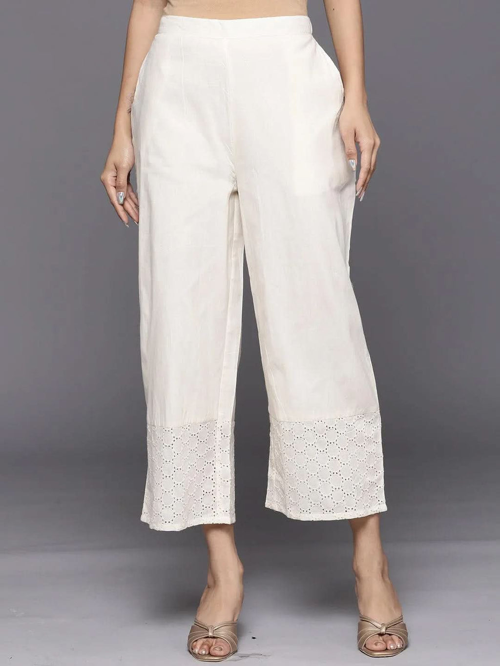 Libas Off White Schiffli Cotton Palazzos