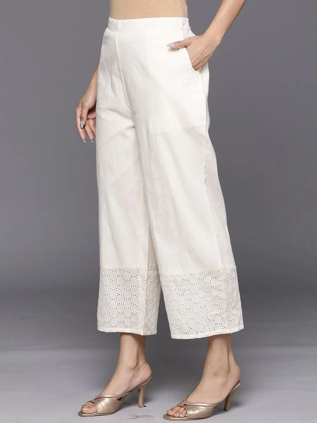 Libas Off White Schiffli Cotton Palazzos