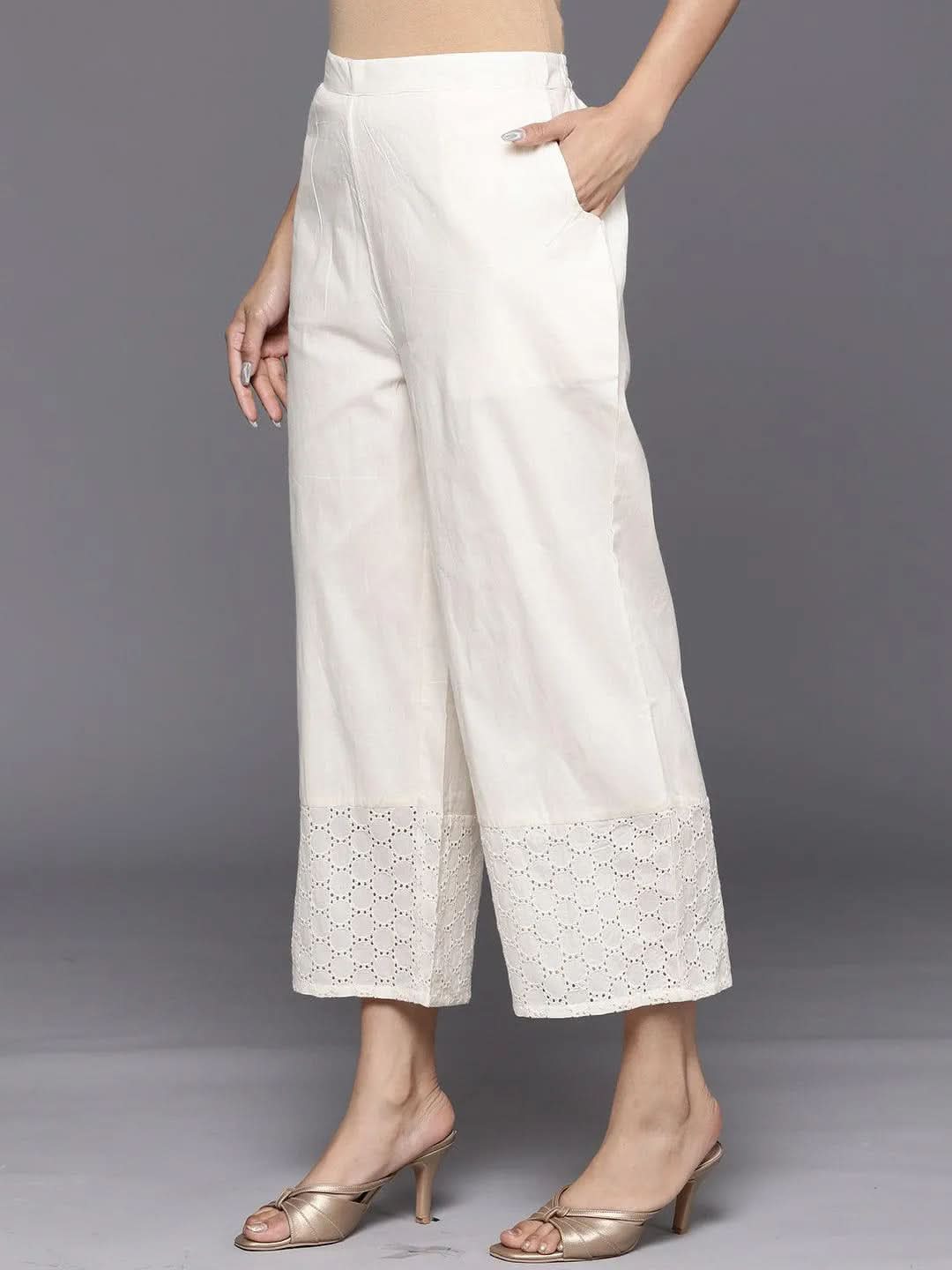 Libas Off White Schiffli Cotton Palazzos