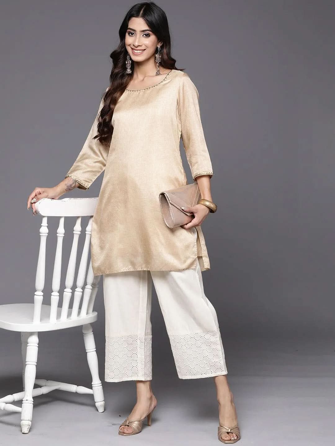 Libas Off White Schiffli Cotton Palazzos