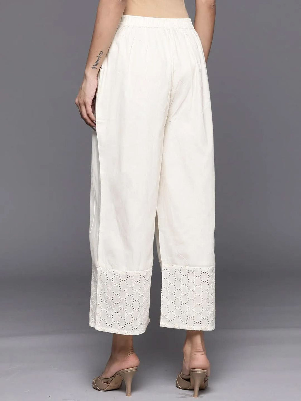 Libas Off White Schiffli Cotton Palazzos