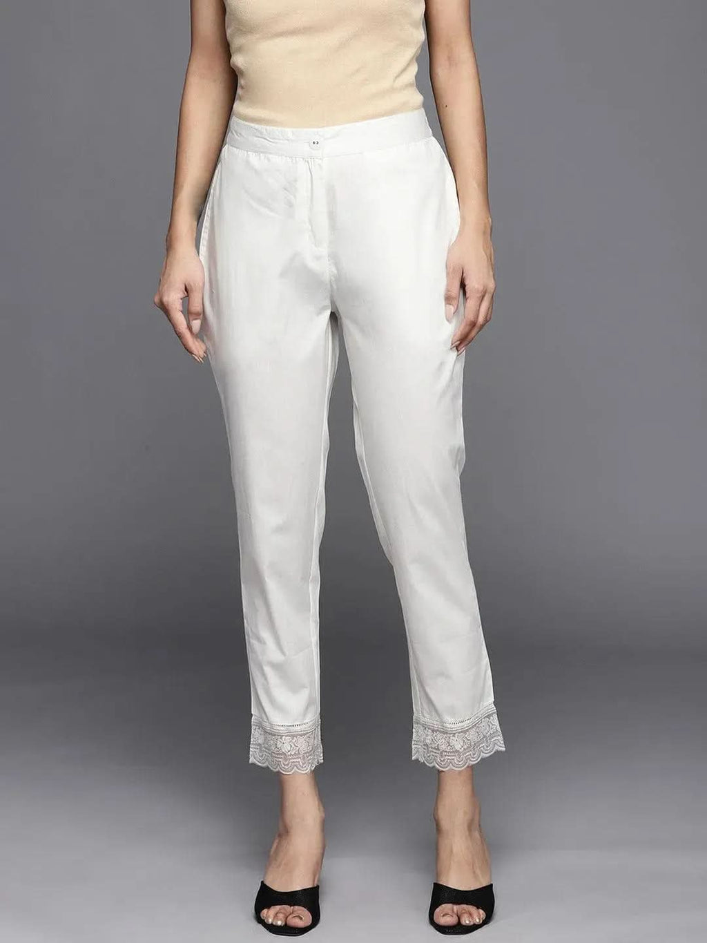 Libas Off White Solid Cotton Trousers