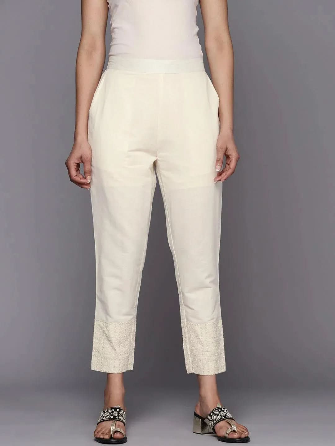 Libas Off White Solid Cotton Trousers