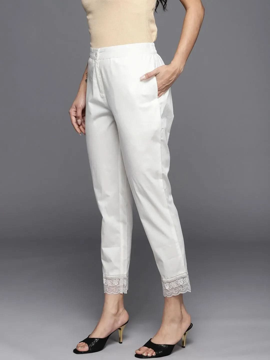 Libas Off White Solid Cotton Trousers