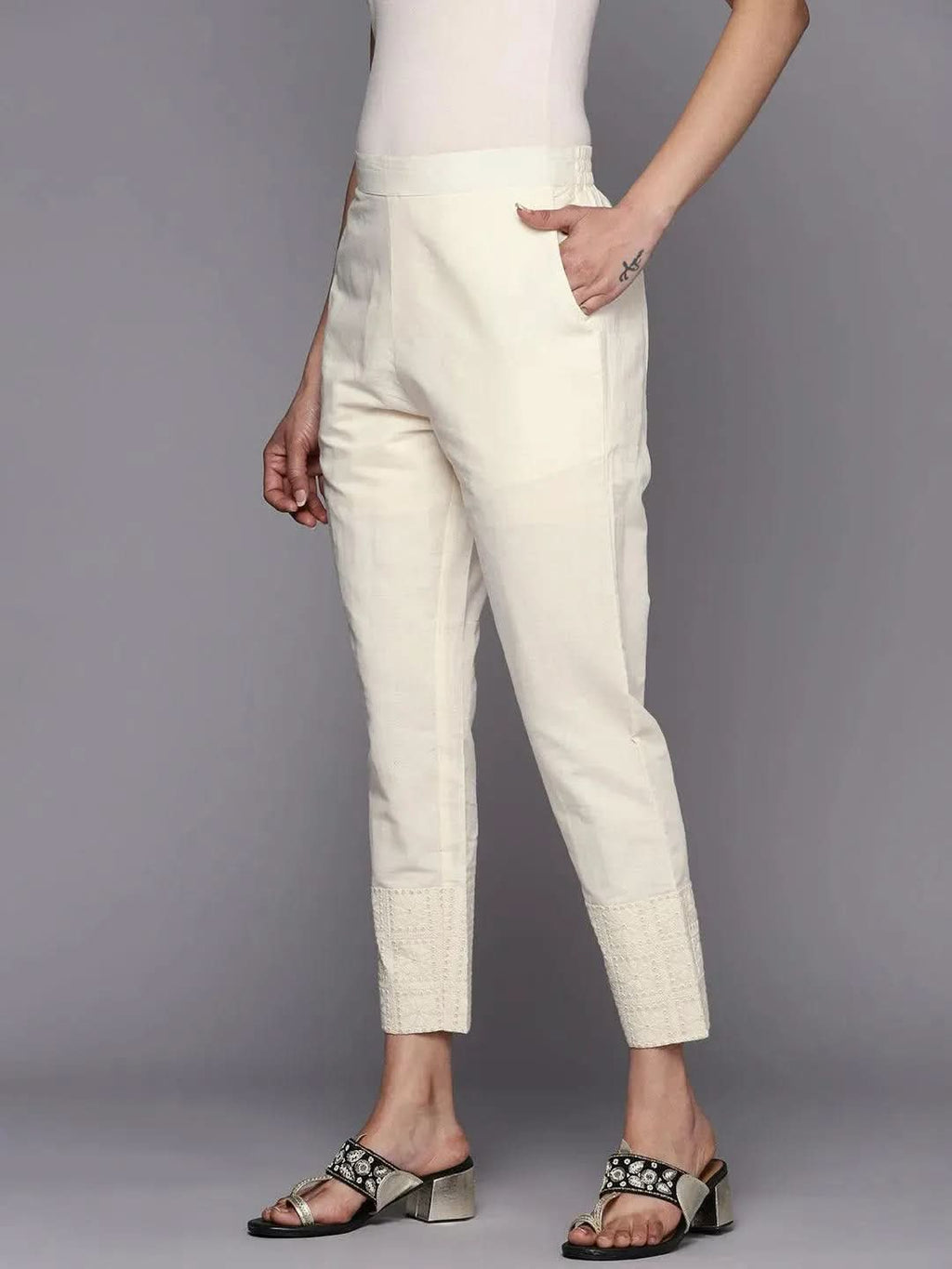 Libas Off White Solid Cotton Trousers