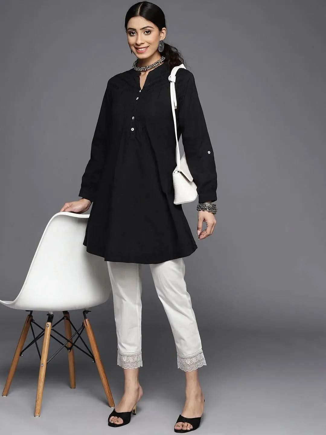 Libas Off White Solid Cotton Trousers