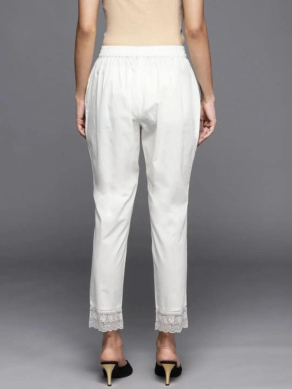 Libas Off White Solid Cotton Trousers