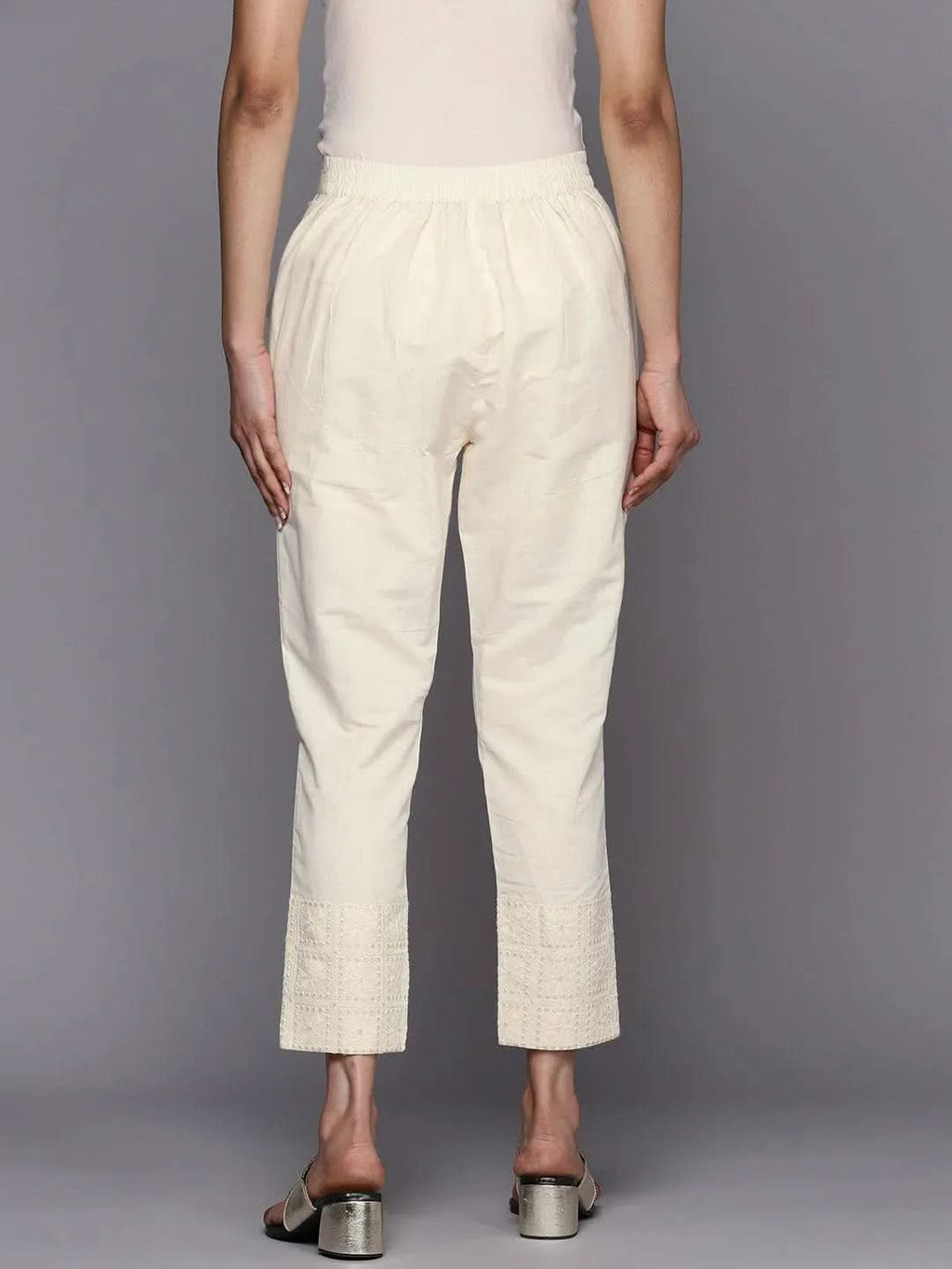 Libas Off White Solid Cotton Trousers